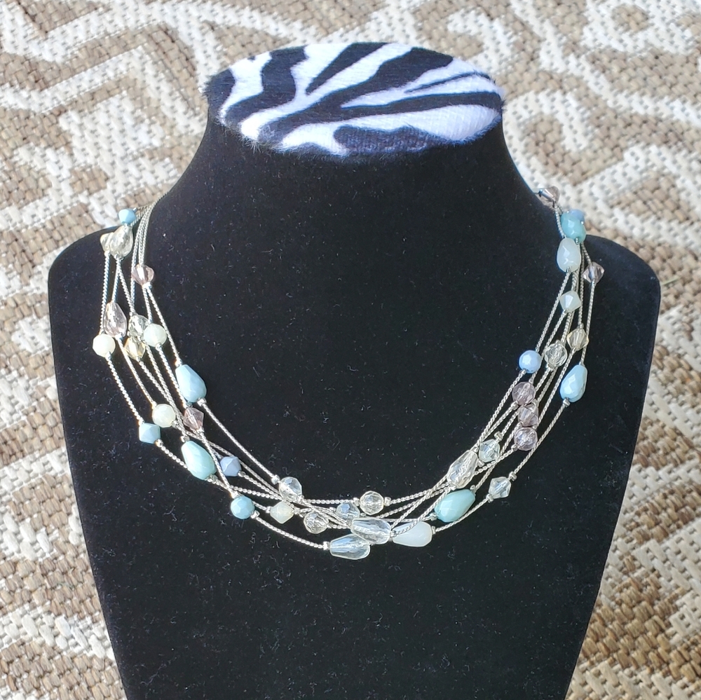 Layered Sterling Silver Necklace with Blue, White, and Clear Beads